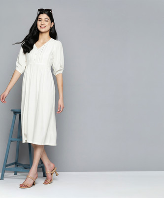 Mast & Harbour Women A-line White Midi/Calf Length Dress