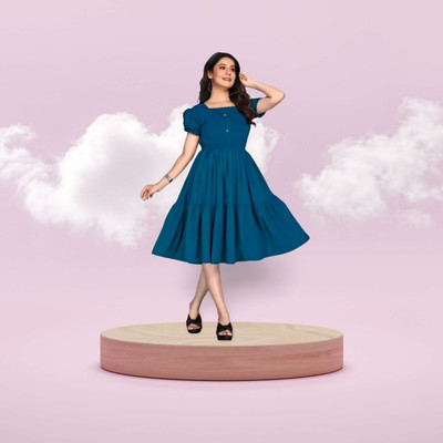 SHABRI FASHION Women Fit and Flare Blue Midi/Calf Length Dress