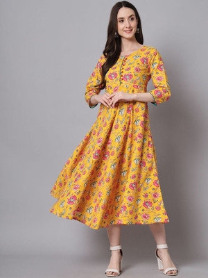 ANOUK Women Fit and Flare Yellow Midi/Calf Length Dress