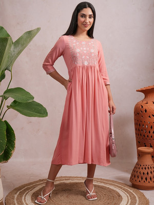 Vishudh Women A-line Pink Midi/Calf Length Dress