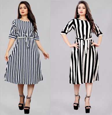 Hiral Creation Women A-line Multicolor Midi/Calf Length Dress