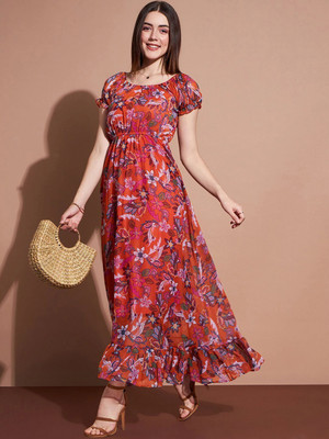 Deewa Women Empire Waist Red Maxi/Full Length Dress
