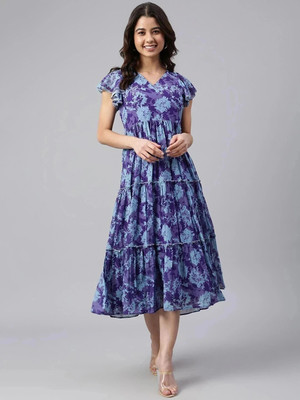 Janasya Women Fit and Flare Blue Midi/Calf Length Dress