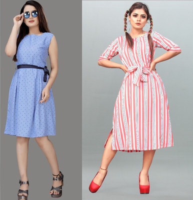 Modli 20 Fashion Women Fit and Flare Light Blue Below Knee Dress