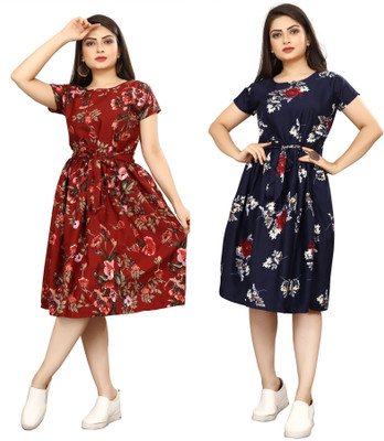 FashhionWorld Women A-line Black, Blue Knee Length Dress