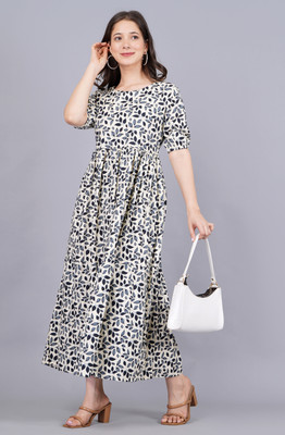 Fashion Unstoppable Women Fit and Flare Grey, White, Black Maxi/Full Length Dress