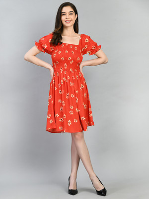 OTTAVIA Women Fit and Flare Orange Above Knee/Mid Thigh Length Dress
