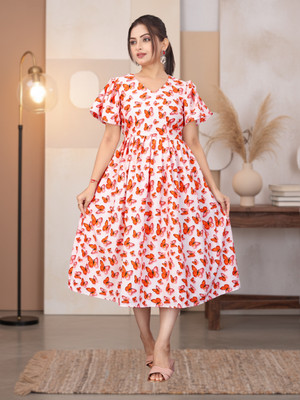 HIT FASHION HUB Women Fit and Flare Red, White Midi/Calf Length Dress