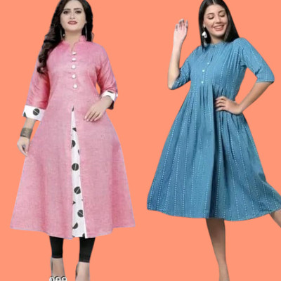 Texpamz Women Striped A-line Kurta(Pink, Light Blue)
