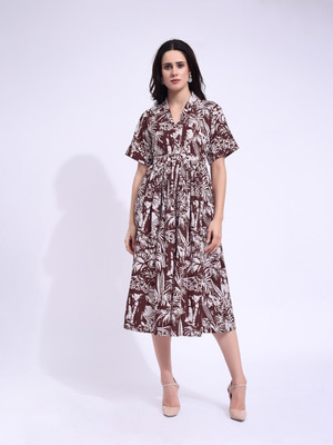 PURVAJA Women Fit and Flare Brown Midi/Calf Length Dress
