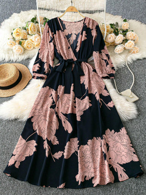 Sheetal Accociates Women Fit and Flare Black, Brown Midi/Calf Length Dress