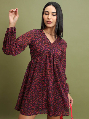 Tokyo Talkies Women Fit and Flare Maroon Above Knee/Mid Thigh Length Dress