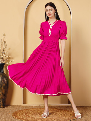 ZWERLON Women A-line Pink Midi/Calf Length Dress