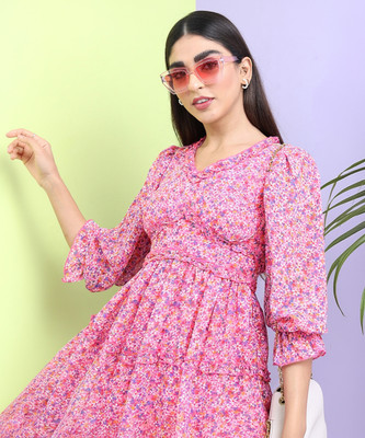 Tokyo Talkies Women Fit and Flare Pink Above Knee/Mid Thigh Length Dress