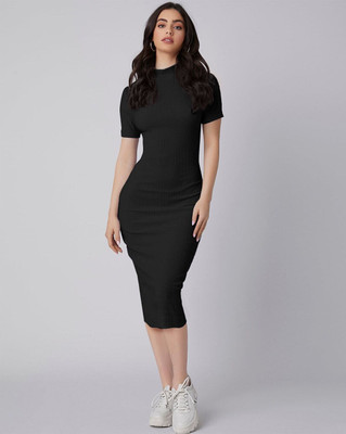 DESIGN PLUS FASHION Women Bodycon Black Below Knee Dress