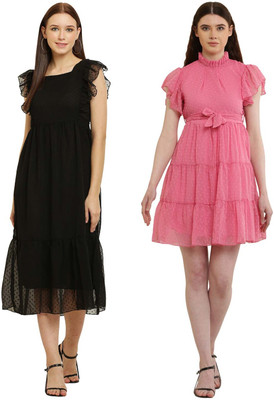 Heaven's creation Women Fit and Flare Black, Pink Knee Length Dress