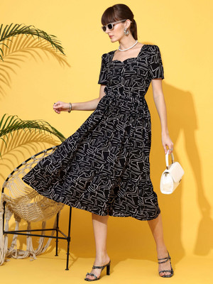 Honky Tonky Women Fit and Flare Black Midi/Calf Length Dress