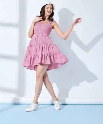Burgstudio9 Women Fit and Flare Pink Above Knee/Mid Thigh Length Dress