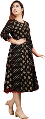 ASHISH PRINT Women A-line Black Midi/Calf Length Dress