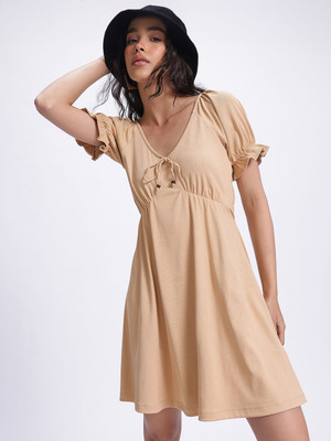 Glitchez Women Fit and Flare Beige Above Knee/Mid Thigh Length Dress