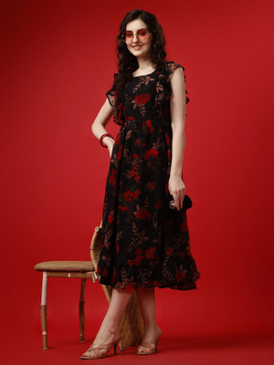 Herway Women Fit and Flare Black Midi/Calf Length Dress