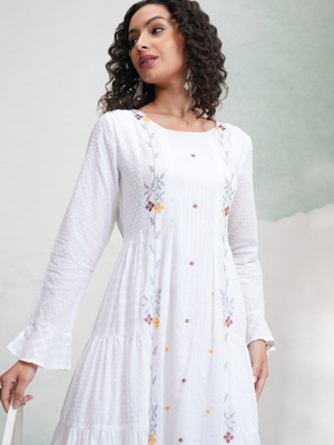 Vishudh Women A-line White Midi/Calf Length Dress