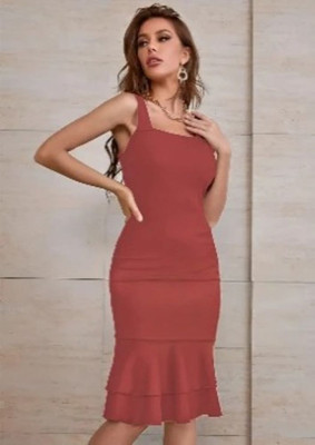 Ladiikway Women Bodycon Pink Midi/Calf Length Dress