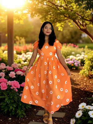 NEVIATTIRE Women Gathered Orange Midi/Calf Length Dress