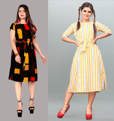 tanvi creation Women Fit and Flare Multicolor Below Knee Dress