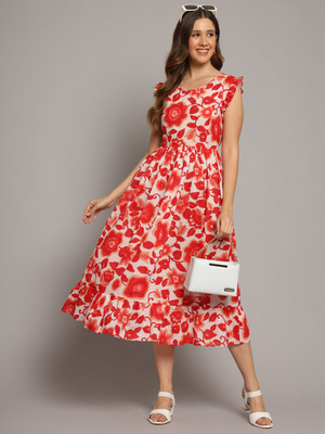 DECKEDUP Women Fit and Flare Red, White Midi/Calf Length Dress