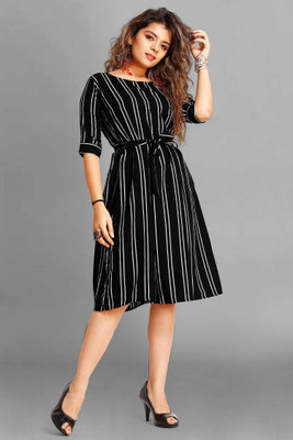 Rinra Women Fit and Flare Black Knee Length Dress