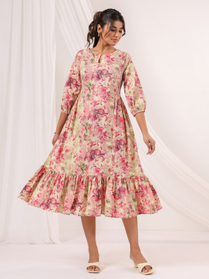 Janasya Women A-line Pink Midi/Calf Length Dress