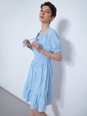 LIMEROAD Women A-line Light Blue Above Knee/Mid Thigh Length Dress