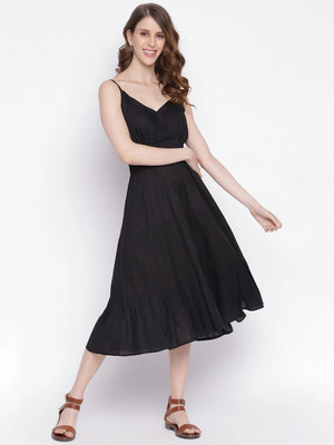 IQRAAR Women Fit and Flare Black Below Knee Dress