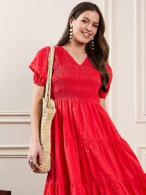 ZUMMER Women Fit and Flare Red Midi/Calf Length Dress