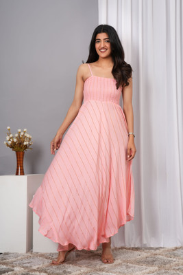 VYMO Women Fit and Flare Pink Ankle Length Dress