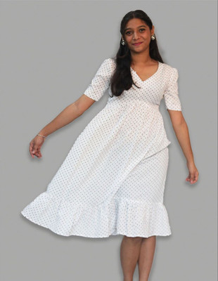 BOLD CREW Women A-line White Below Knee Dress