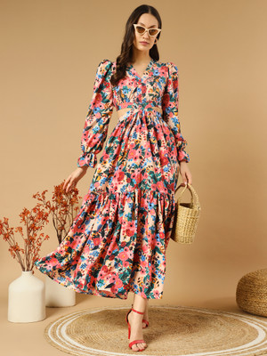 ZWERLON Women Fit and Flare Blue Maxi/Full Length Dress