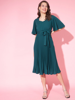 SLENOR Women Pleated Green Below Knee Dress