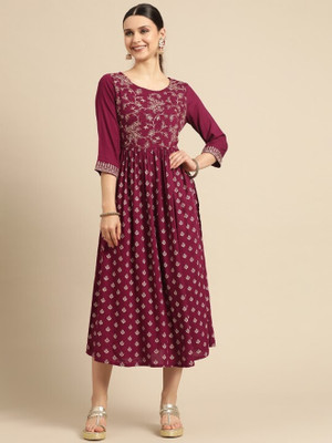 ANOUK Women A-line Maroon Midi/Calf Length Dress