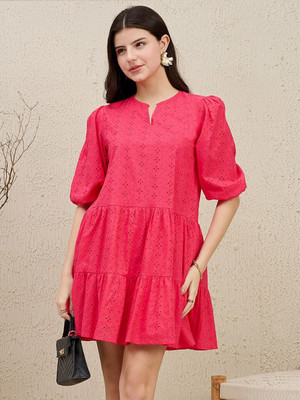 ZUMMER Women Drop Waist Pink Above Knee/Mid Thigh Length Dress