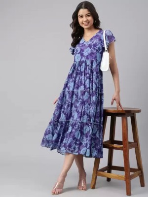 DEVDHAM Women Fit and Flare Purple, Blue Dress