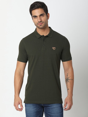 Spykar Solid Men Polo Neck Green T-Shirt