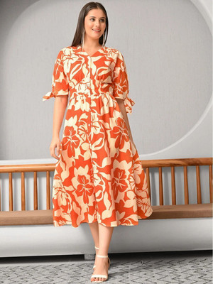 DEHITAFASHION Women Fit and Flare Multicolor Midi/Calf Length Dress