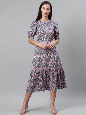 PLUSS Women Fit and Flare Pink Midi/Calf Length Dress