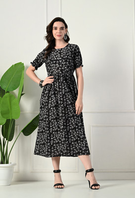 ichaa Women A-line Black Midi/Calf Length Dress