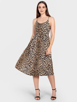 theulluu.com Women Fit and Flare Brown Knee Length Dress