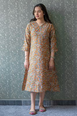 Jaipuri Bunaai Women Gown Yellow, Light Blue, White Midi/Calf Length Dress