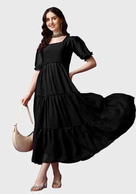 Jash Creation Women Fit and Flare Black Midi/Calf Length Dress