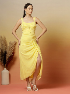 AAYU Women A-line Yellow Midi/Calf Length Dress